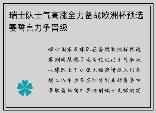 瑞士队士气高涨全力备战欧洲杯预选赛誓言力争晋级
